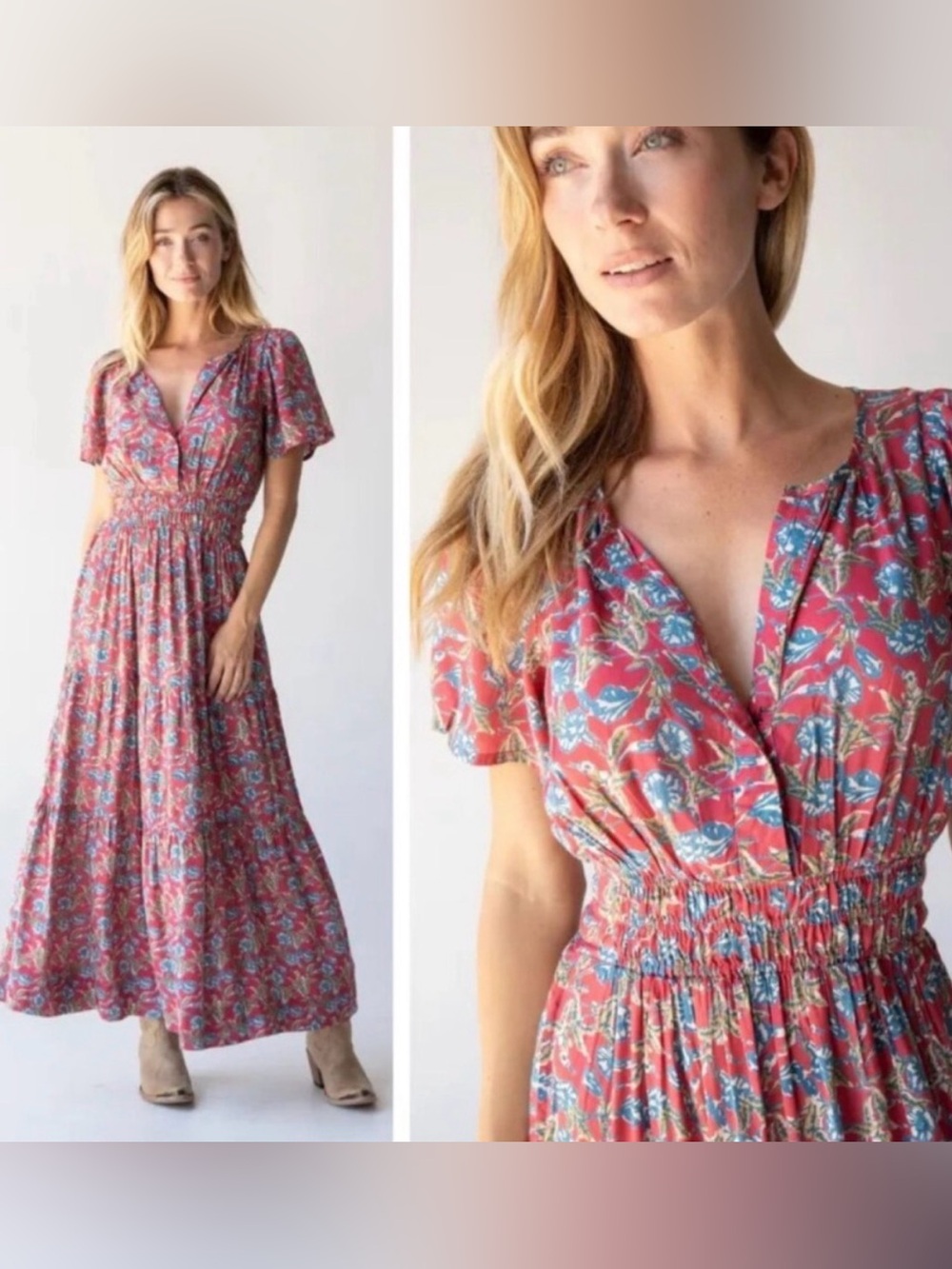 NATURAL LIFE BOHO FLORAL MAXI DRESS SIZE Small SILKY TIERED V-NECK FLOWY PRAIRIE - Picture 7 of 7